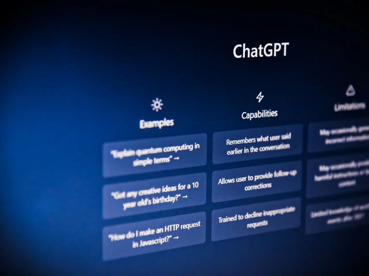 ChatGPT screen open, with example questions and what the tool can do.