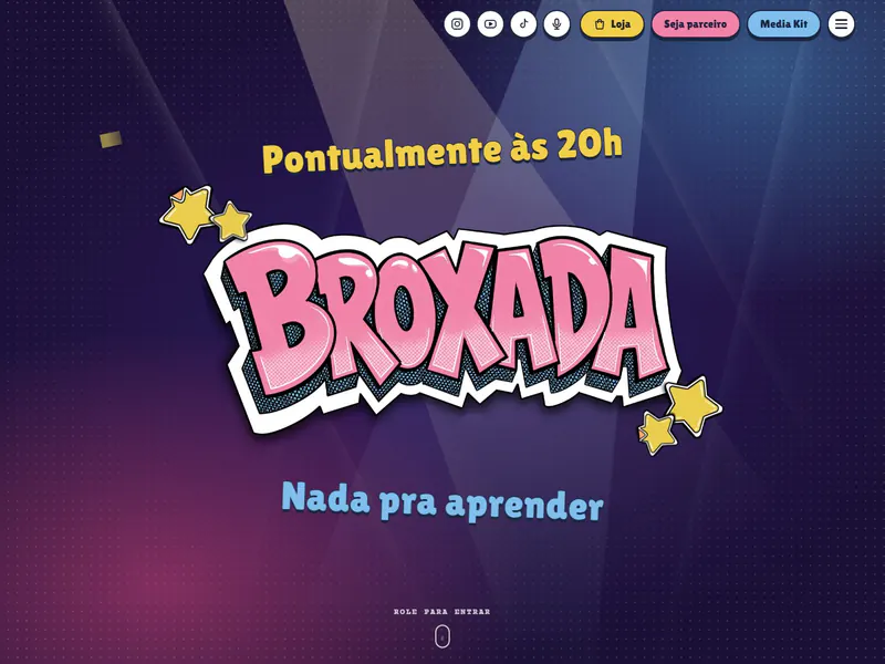 Página inicial do site do podcast Broxada, com a logo em estilo de quadrinhos sobre fundo roxo de estúdio