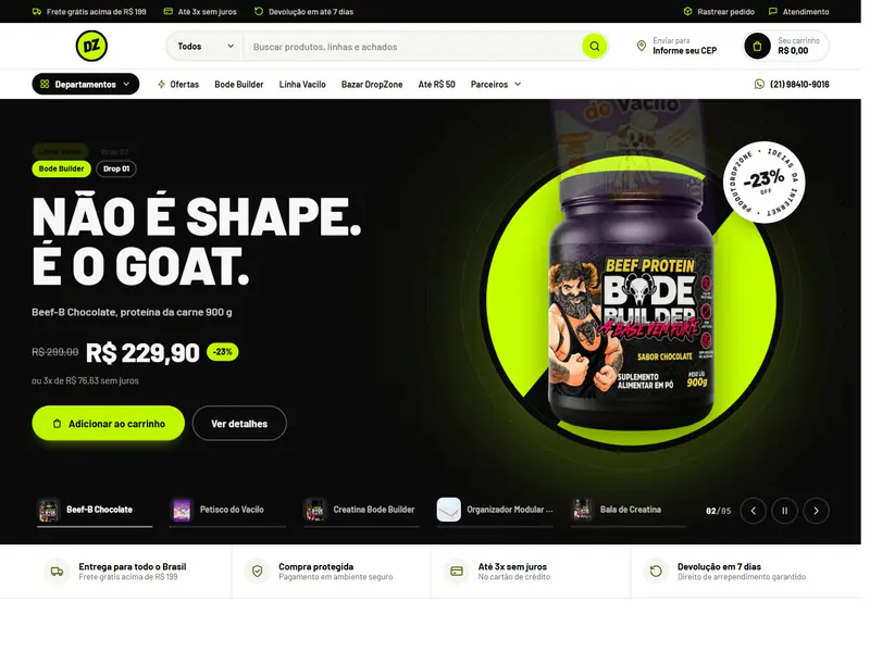 Página inicial da loja virtual DropZone, com o pote de proteína Bode Builder em destaque e o preço com desconto