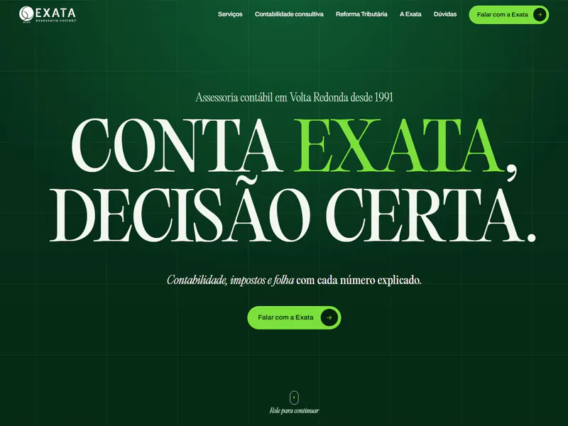 Página inicial do site da Exata Assessoria Contábil, fundo verde com o título Conta exata, decisão certa