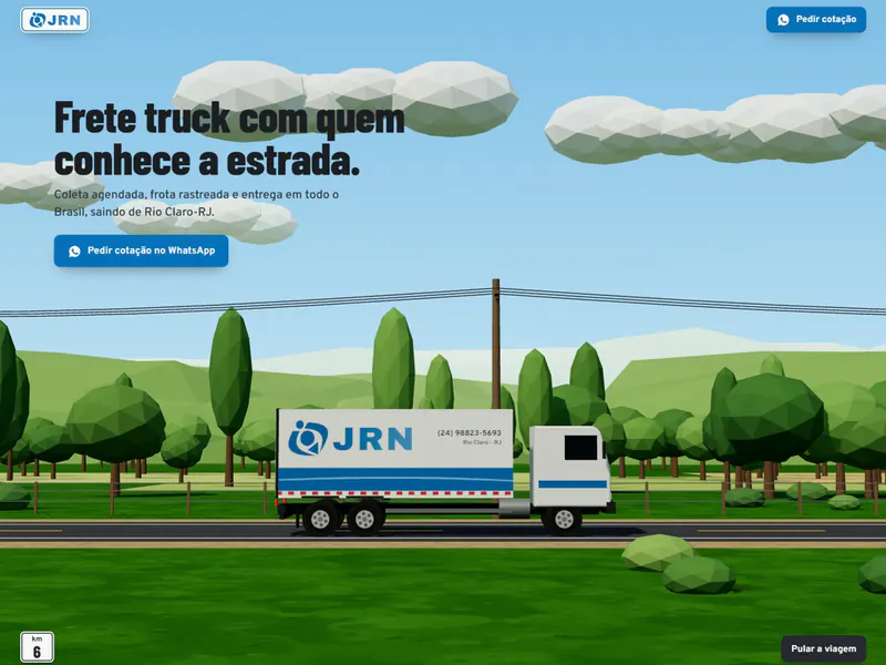 Site da JRN Transportes com um caminhão truck em 3D na estrada e o título Frete truck com quem conhece a estrada