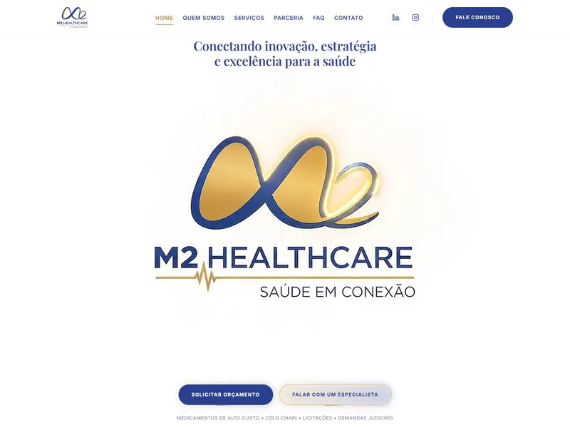 Página inicial do site da M2 Healthcare, distribuidora de medicamentos