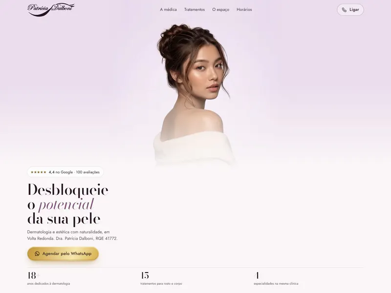 Página inicial do site da dermatologista Patrícia Dalboni, em tons de lilás, com o título Desbloqueie o potencial da sua pele